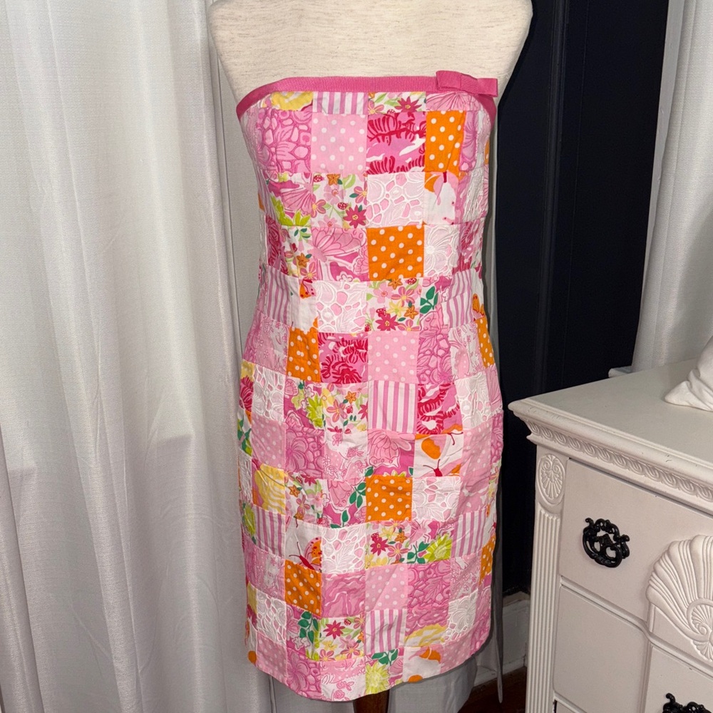 Vintage Lilly Pulitzer Pink Patchwork Strapless D… - image 1